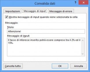 Impostazione messaggio di input