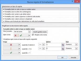 Creare una regola per set di icone in base alle celle della riga (vuote o meno)