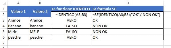 Usare la funzione IDENTICO nel confronto esatto di stringhe di testo