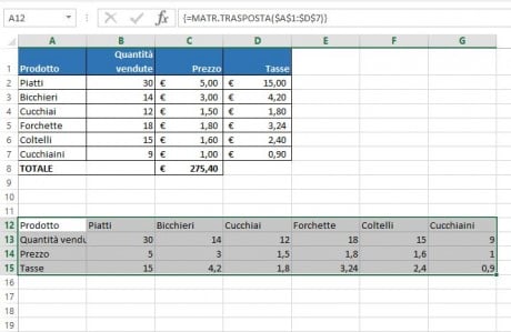 Usare una funzione matriciale in Excel