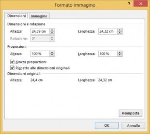 Cliccate sulla cheda Dimensioni per cambiare le dimensioni o le proporzioni dell'immagine