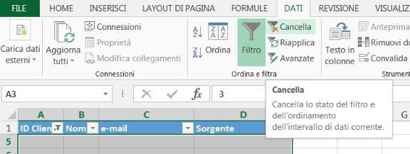 Cancellare il filtro automatico
