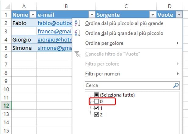 Filtrare le righe con una o piu celle vuote