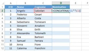 Formula di Excel per unire due colonne con uno spazio