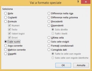 La finestra di dialogo Vai a formato speciale