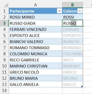 Anteprima suggerimenti recupera parte del nome dalla prima colonna e lo copia nella seconda