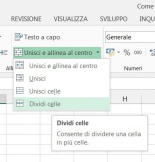 Cliccate sulla piccola freccia nera alla destra del pulsante Unisci e allinea al centro e scegliete Dividi celle