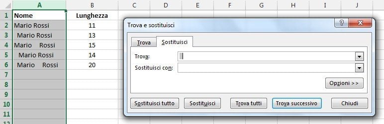 Il comando Trova e sostituisci per eliminare gli spazi in eccesso tra le parole