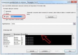 Impostate il formato desiderato per la colonna selezionata