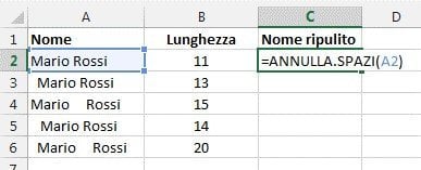 La funzione ANNULLA SPAZI