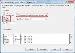Selezionate i delimitatori appropriati oppure inserite il vostro nella casella Altro