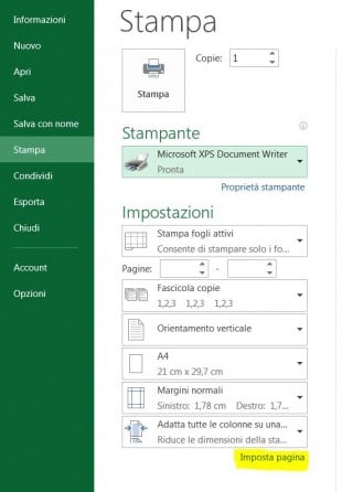 Cliccate sul link Imposta pagina sotto alle impostazioni di stampaper aprire la finestra Imposta pagina