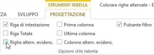 Per eliminare l'ombreggiatura a righe alterne deselezionate l'opzione Righe alterne evidenziate