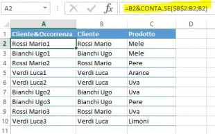 La formula CONTA.SE per aggiungere al nome del cliente il numero di occorrenza