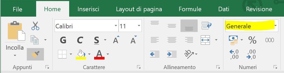 Impostare la formattazione come Generale