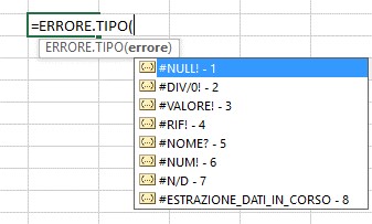 Tipi di errore da inserire come argomento nella funzione ERRORE.TIPO