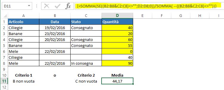 Una formula matriciale per mediare con logica OR in base a celle vuote e non vuote