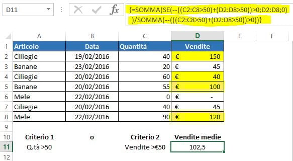 Una formula matriciale per mediare con logica OR in base a criteri numerici con operatori di confronto