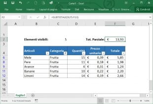 Sommare le righe visibili di un elenco filtrato