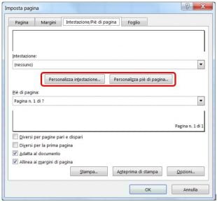 Cliccate sul pulsante Personalizza intestazione oppure Personalizza pie di pagina
