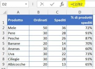Usare la formula di base per le percentuali di Excel