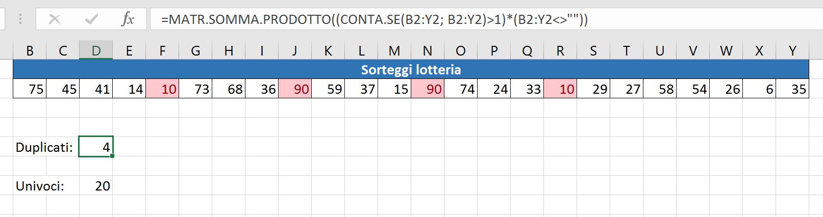 Formula CONTA.SE per contare duplicati e valori univoci in una riga