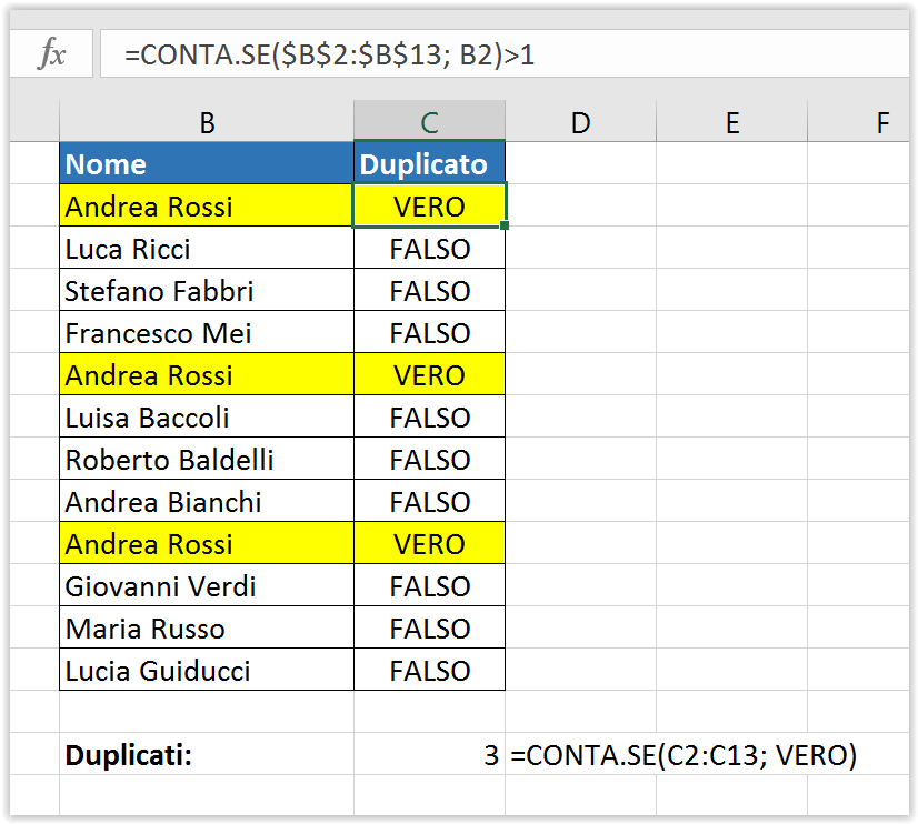 Formula CONTA.SE per trovare e contare duplicati in una colonna