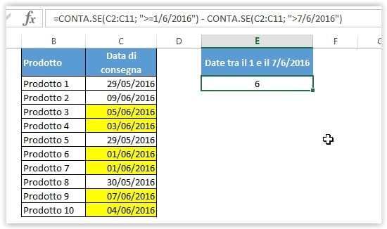 La formula CONTA.SE con due condizioni per contare le date entro un intervallo