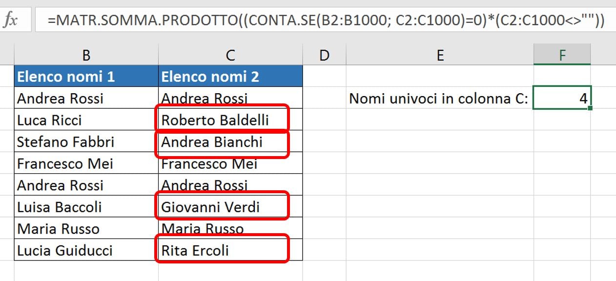 Una formula CONTA.SE per contare i valori univoci tra 2 colonne