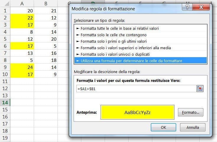 Colonna assoluta e riga relativa nei riferimenti di cella di una formattazione condizionale