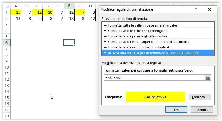 Colonna relativa e riga assoluta nella formattazione condizionale di Excel