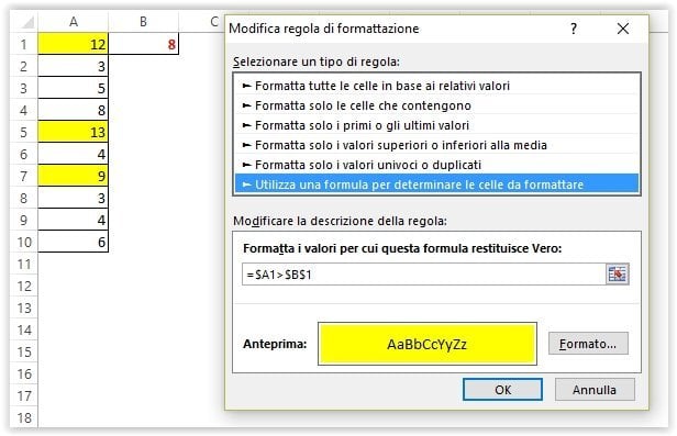 Riferimenti di colonna e di riga assoluti nella formattazione condizionale di Excel