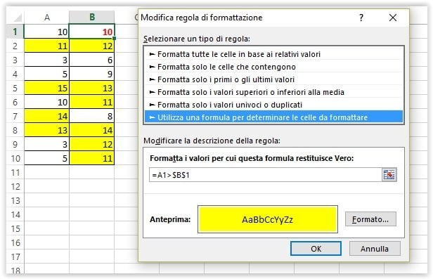 Riferimenti di colonna e di riga relativi nelle regole di formattazione condizionale di Excel