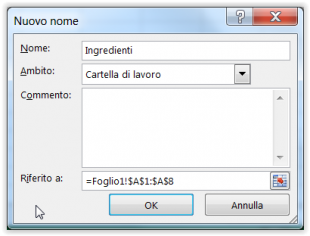 Date un nome all'intervallo e accertatevi che includa tutte le celle che desiderate