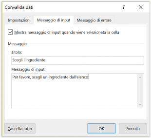 Configurare un messaggio da mostrare quando viene cliccata una cella contenente un menu a discesa