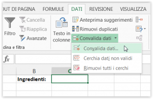 Per creare il menu a discesa cliccate su Convalida dati nella scheda DATI