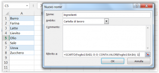 Creare un menu a discesa dinamico in Excel usando una formula SCARTO