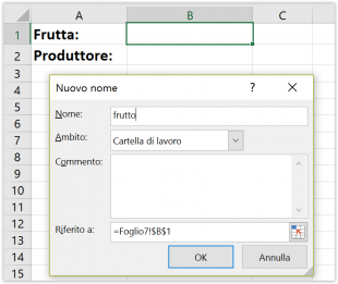 Create un nome per la cella che conterrà il menu principale