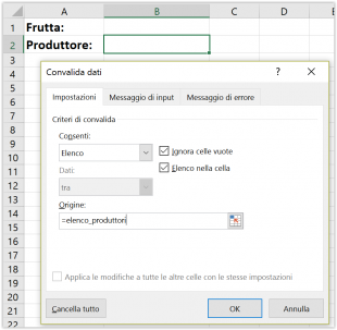 Impostare la convalida dati per l'elenco a discesa dinamico dipendente