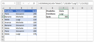 Un esempio di utilizzo di SOMMA in una formula matriciale