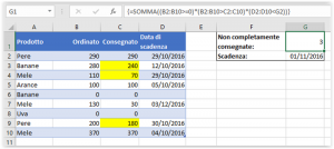Un esempio di formula matriciale con SOMMA in Excel 2016