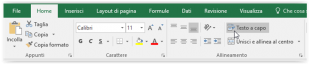 Il comando Testo a capo della barra multifunzione di Excel