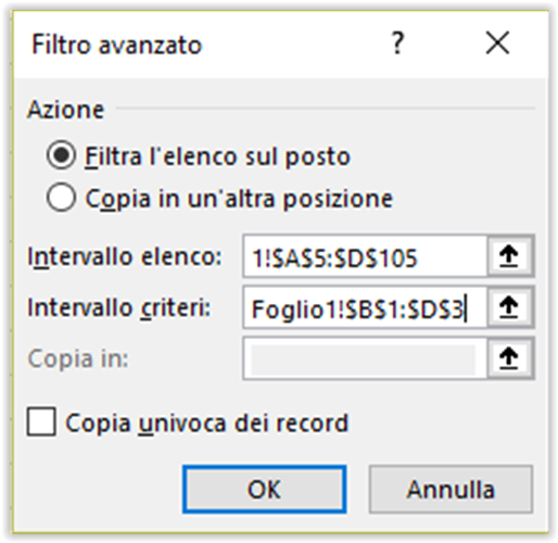 La finestra di dialogo Filtro avanzato di Excel