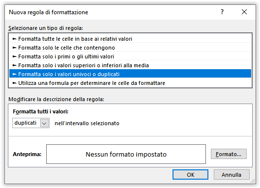 La finestra di dialogo Nuova regola di formattazione