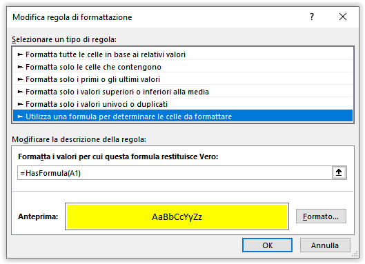 La finestra di dialogo Nuova regola di formattazione