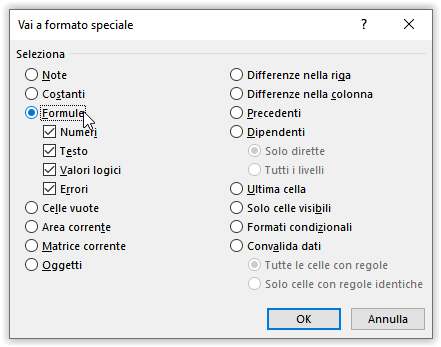La finestra di dialogo Vai a formato speciale