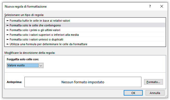 La finestra di dialogo Nuova regola di formattazione