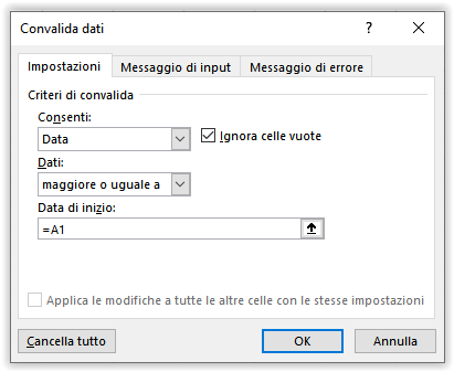 Limitare l'inserimento di date precedenti 1